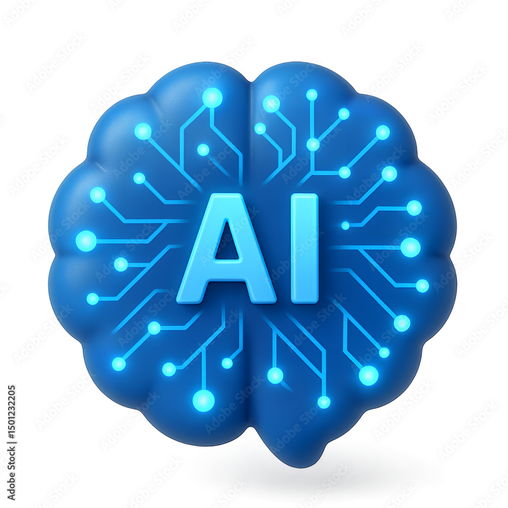 Poster 3d rendering of a blue brain with ai lettering and circuit lines, concept for artificial intelligenc