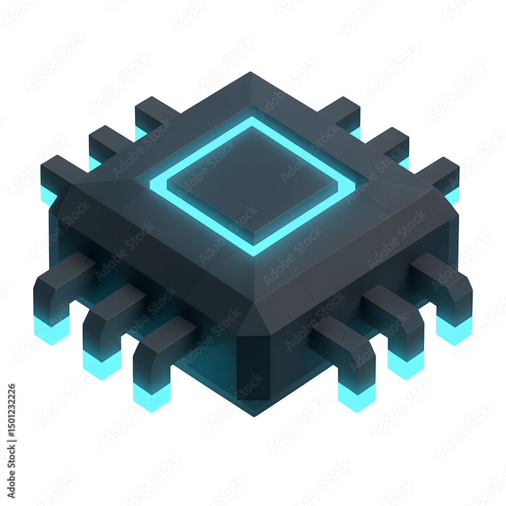 Poster isometric 3d rendering of a dark gray cpu with glowing cyan accents on a transparent background, con