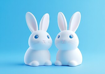 Obraz premium Two cartoonish, white rabbits sit side-by-side against a light-blue background. Their large, rounded bodies and upturned ears are smooth and simple