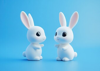 Obraz premium Two small, white rabbits facing each other on a bright blue background. Their bodies are smooth and rounded, with large, dark eyes and pink noses and ears. They appear friendly, with slight smiles