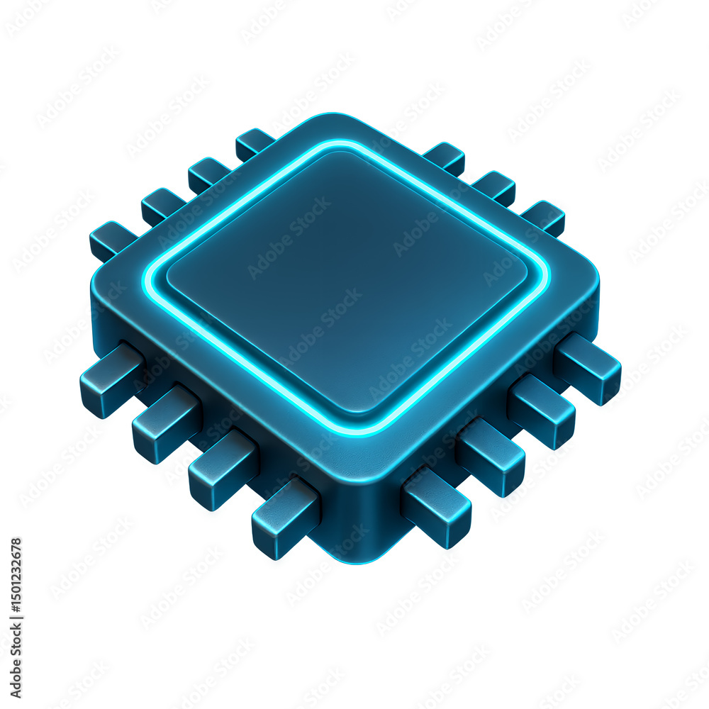 Poster 3d rendering of a dark blue microchip with glowing cyan edges on transparent background, concept for