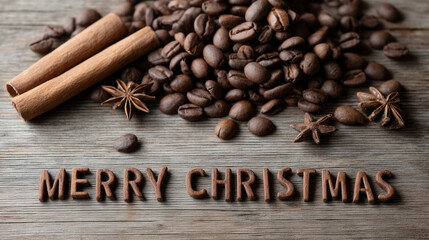 Spiced coffee beans and cinnamon evoke Christmas warmth, aromatic Yule celebrations, festive blend for cozy winter mornings