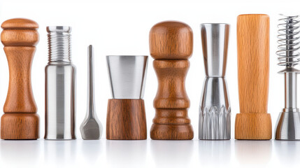 Collection of various bar tools including wooden and metal items, showcasing craftsmanship and functionality in sleek arrangement