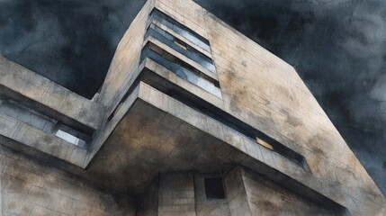 Brutalist Beacon Concrete Tower Against Moody Sky.
