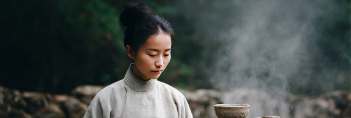 Serene Asian woman meditates amidst ethereal incense swirls, embracing Qingming Festival reflections and mindful tranquility under misty canopy