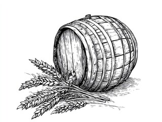 Hand-drawn illustration of a wooden beer barrel with wheat sprigs