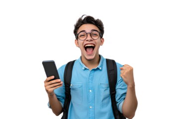 A young man wearing glasses and a blue shirt is playing games on his phone, cheering with joy. He has short hair and wears a black backpack over his shoulder. (2)