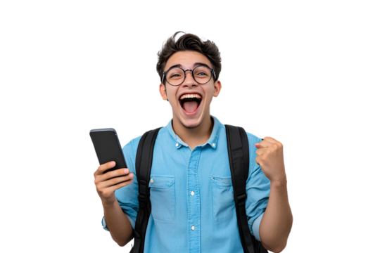 A young man wearing glasses and a blue shirt is playing games on his phone, cheering with joy. He has short hair and wears a black backpack over his shoulder. (2)