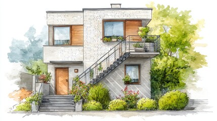 Modern home art Contemporary design architecture Urban home watercolor.