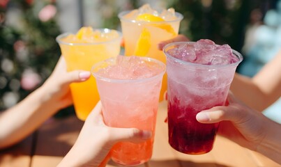 hand holding flavored drinks in plastic cup, Generative AI