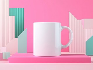 White Mug Mockup on Pink Abstract Podium Display - Transparent Background