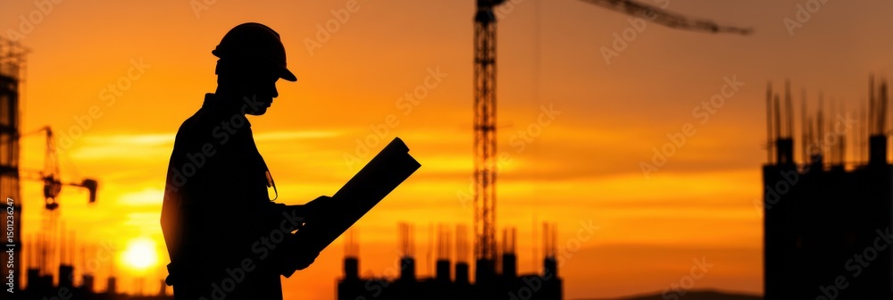 Poster engineer silhouette reviewing building plans in front of a construction site at sunset with cranes i
