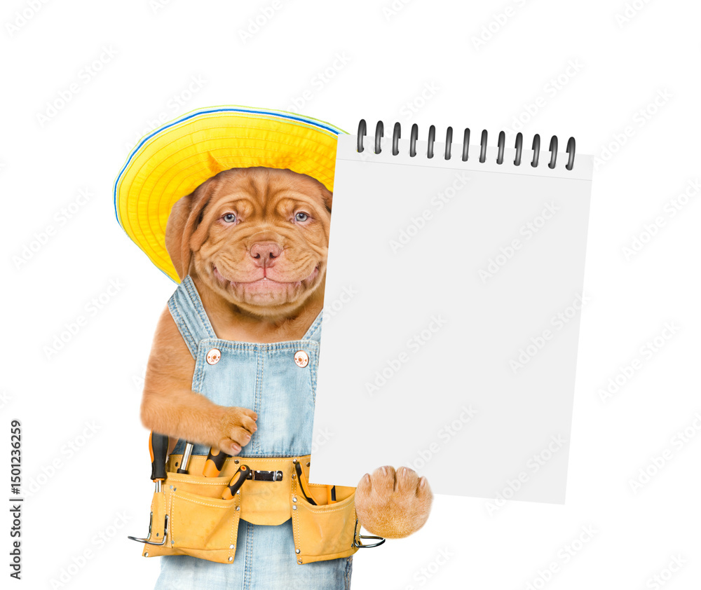 Aufkleber smiling mastiff puppy wearing summer hat and denim overalls with tool belt shows empty list. isolate