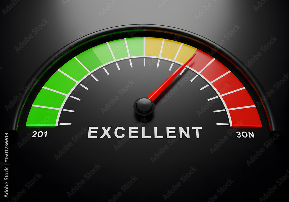 Poster excellent performance meter gauge with red needle reaching maximum level indicator showing success