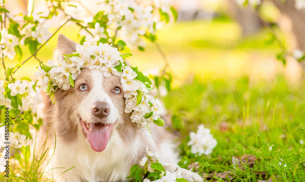 Poster happy border collie puppy wearing wreath of apple blossoms lying at sunny spring park. empty space f