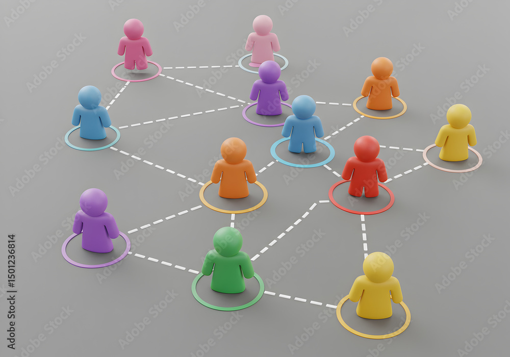 Poster social network connection concept with colorful figures connected by lines for business and communic
