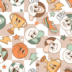 Seamless vector pattern with retro sport characters. Hand drawn ball game wallpaper. EPS 10 vector file. Perfect for textile, wallpaper or nursery print design.