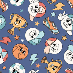 Seamless vector pattern with retro sport characters. Hand drawn ball game wallpaper. EPS 10 vector file. Perfect for textile, wallpaper or nursery print design.