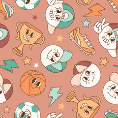 Seamless vector pattern with retro sport characters. Hand drawn ball game wallpaper. EPS 10 vector file. Perfect for textile, wallpaper or nursery print design.