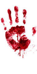vertical bloody hand shape handprint isolated over transparent (white) background; concept of murder, crime, scary halloween banner element