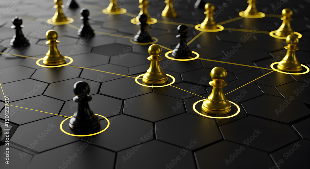 Poster chess network connection strategy business concept with pawns on hexagonal grid background design