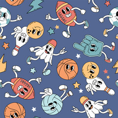 Seamless vector pattern with retro sport characters. Hand drawn ball game and racket sport illustration. EPS 10 vector file. Perfect for textile, wallpaper or nursery print design.