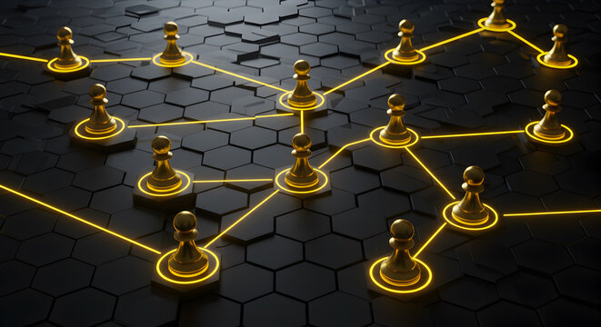 Network connection blockchain technology concept with golden chess pieces and hexagon background design