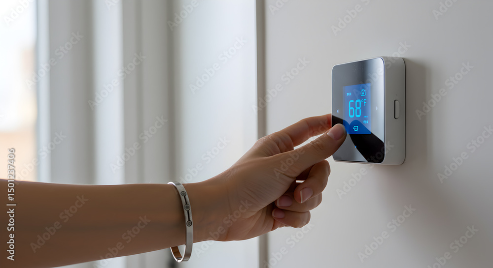 Poster smart thermostat control modern home temperature setting energy efficiency automation comfort system