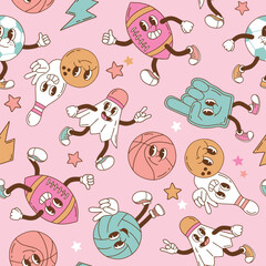 Seamless vector pattern with retro sport characters. Hand drawn ball game and racket sport illustration. EPS 10 vector file. Perfect for textile, wallpaper or nursery print design.
