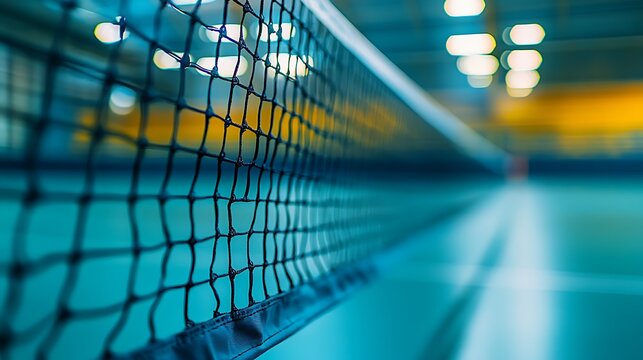 badminton net close up blurred players lunging and jumping in background vibrant indoor court lighting