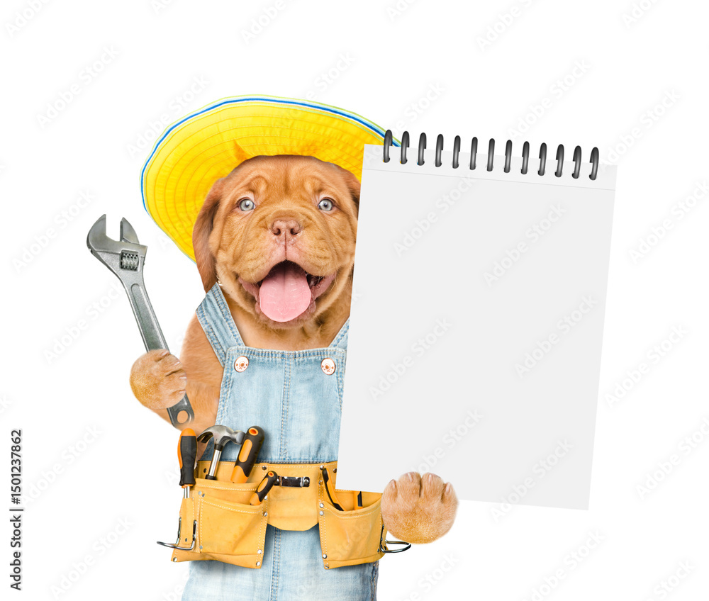 Aufkleber funny mastiff puppy wearing summer hat and denim overalls with tool belt shows empty list and wrench