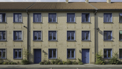 Obraz premium row of three story townhouses with beige stucco exteriors and blue framed windows and doors, surrounded by small plants, creates charming and inviting atmosphere