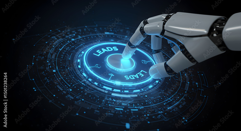 Aufkleber robot hand pushing leads button automation ai marketing artificial intelligence lead generation stra