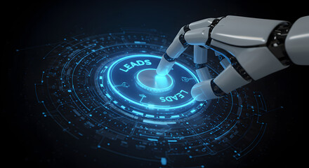 Robot hand pushing leads button automation ai marketing artificial intelligence lead generation strategy