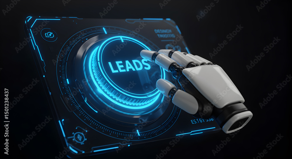 Poster generate leads with ai automation: robotic hand pushing a leads button for lead generation process