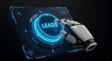 Generate leads with ai automation: robotic hand pushing a leads button for lead generation process