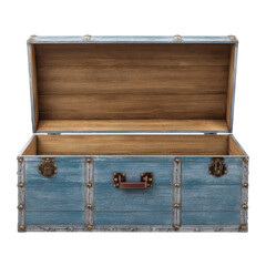Open, blue wooden chest isolated on transparent background