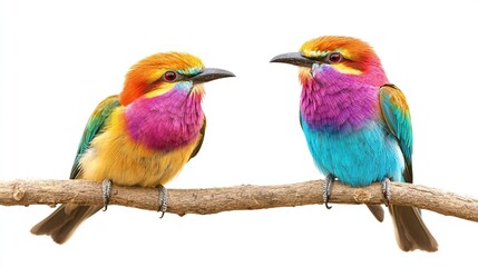 Fototapeta premium Two colorful birds perched on a branch, facing each other. Vibrant plumage in shades of orange, yellow, pink, purple, and teal