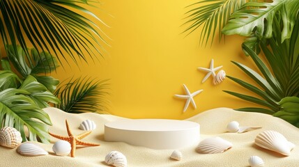 Beach sand displays round podium alongside shells, starfish, and green tropical leaves against yellow background