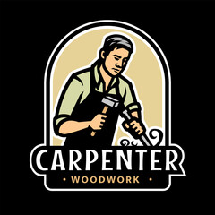 Carpenter with a chisel and hammer on a dark background.