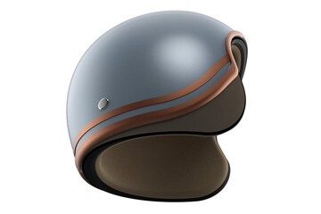 Obraz premium VINTAGE RETRO SCOOTER HELMET MOTORBIKE MOTORCYCLE, A stylish, rounded helmet in light gray with brown trim. Vintage design, possibly for motorcycles or scooters. Isolated on white. Safety, protection,