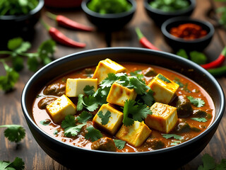 Close-up of Spicy Traditional Indian Curry in Black Bowl, Garnished with Fresh Cilantro – Authentic Home style Cuisine.