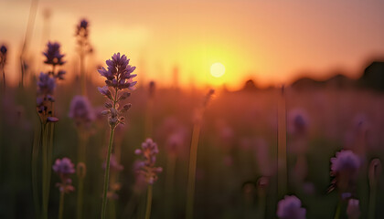 Naklejka premium Small purple flower blooms in a mountain meadow at sunrise