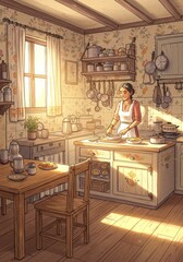 Illustration Of Woman In Vintage Kitchen With Table And Window Sunlight