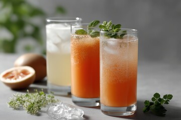 Refreshing summer drinks on a table iced lemonade and mojito in a relaxed indoor environment