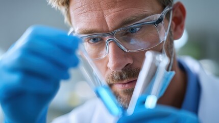 Scientist wearing protective glasses and gloves pouring blue liquid into test tube