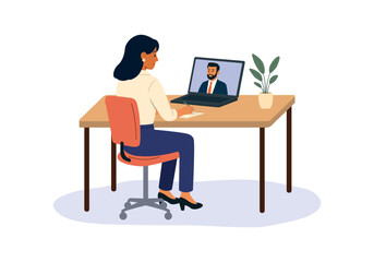 Online job interview. Recruitment and hiring via video call. HR and candidate communication. Virtual meeting, employer and employee. Flat vector illustration. Isolated on white background