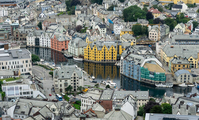 Aerial view of the historic center of Alesund on the west coast of Norway, with its colorful Art Nouveau buildings along the brosundet Canal