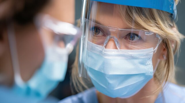 Medical team wearing face mask and visor analyzing patient examination's results