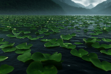 Mystical pond with lily pads surrounded by mountains in a calm atmosphere during twilight hours